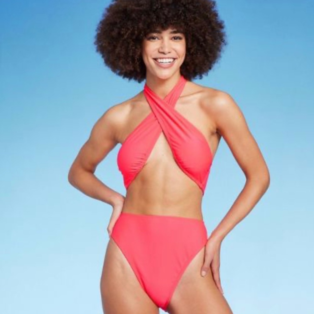 NWT Women's Cross Front Halter One Piece Swimsuit